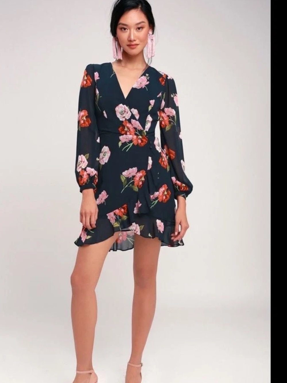 Lulu's Navy Floral V-Neck Long Sleeve Mini Dress